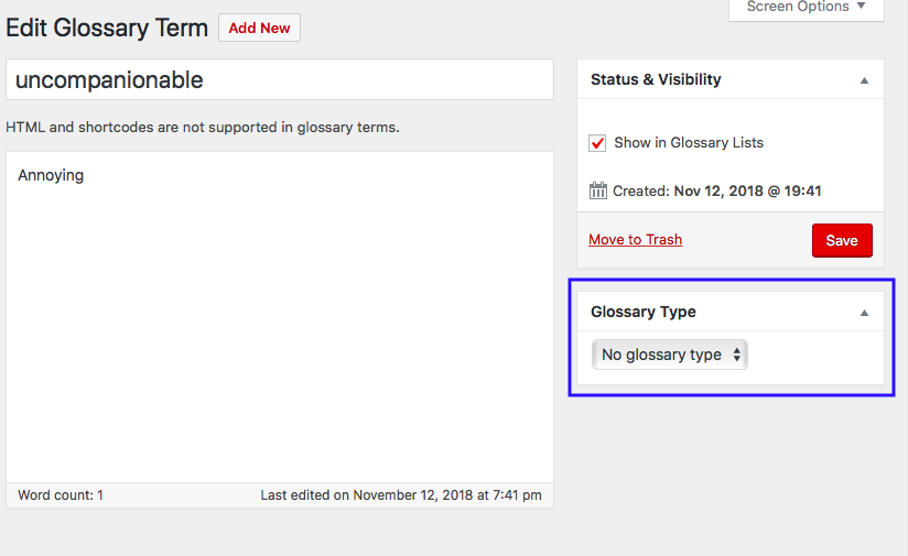 The Glossary Type menu